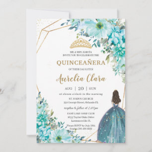 Quinceañera Turquoise Green Floral Gold Princess Kaart