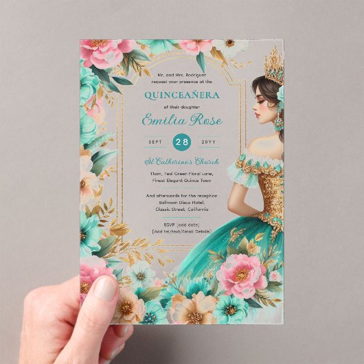 Quinceañera Turquoise Groen Gouden Mis Quince Bloe Acryl Uitnodigingen (Insitu (Draagbaar))