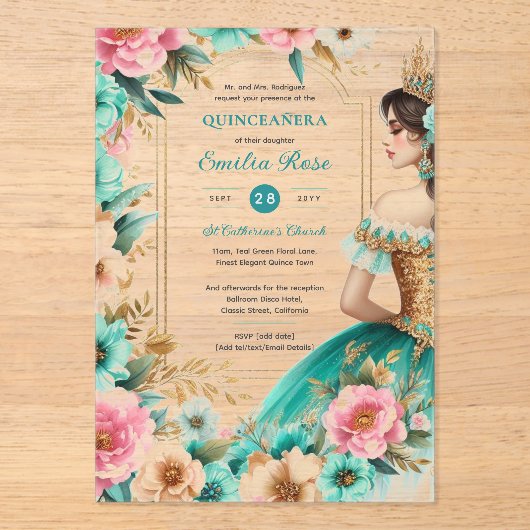 Quinceañera Turquoise Groen Gouden Mis Quince Bloe Acryl Uitnodigingen (Voorkant)