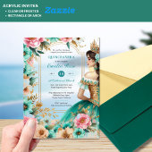 Quinceañera Turquoise Groen Gouden Mis Quince Bloe Acryl Uitnodigingen