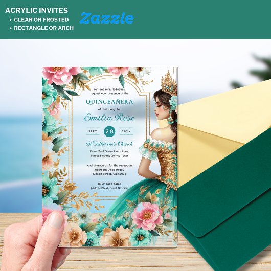 Quinceañera Turquoise Groen Gouden Mis Quince Bloe Acryl Uitnodigingen