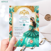 Quinceañera Turquoise Groen Gouden Mis Quince Bloe Acryl Uitnodigingen