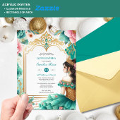 Quinceañera Turquoise Groen Gouden Mis Quince Bloe Acryl Uitnodigingen