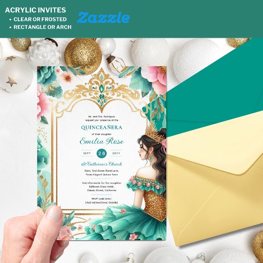 Quinceañera Turquoise Groen Gouden Mis Quince Bloe Acryl Uitnodigingen