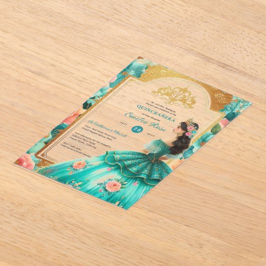 Quinceañera Turquoise Groen Gouden Mis Quince Bloe Acryl Uitnodigingen (Laagn)