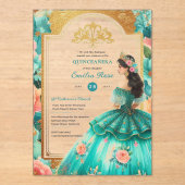 Quinceañera Turquoise Groen Gouden Mis Quince Bloe Acryl Uitnodigingen (Voorkant)