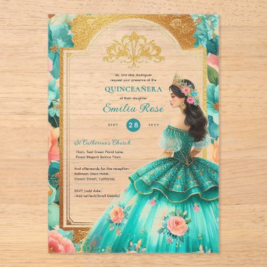 Quinceañera Turquoise Groen Gouden Mis Quince Bloe Acryl Uitnodigingen (Voorkant)