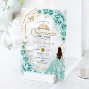 Quinceanera Turquoise Jurk Bloem Goud Acryl Uitnodigingen