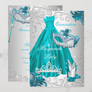 Quinceanera Turquoise Masker Zilveren Jurk Masquer Kaart