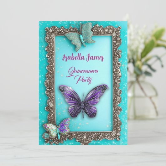 Quinceanera turquoise paarse Vlinders Verjaardag Kaart (Staand voorkant)