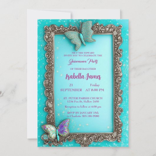 Quinceanera turquoise paarse Vlinders Verjaardag Kaart (Achterkant)