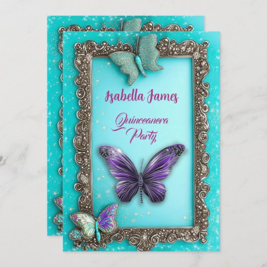 Quinceanera turquoise paarse Vlinders Verjaardag Kaart (Voorkant / Achterkant)