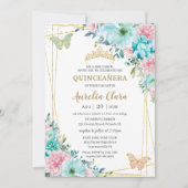 Quinceañera Turquoise Roze Bloemen Gouden Vlinders Kaart (Voorkant)