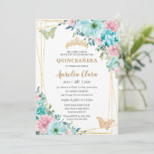 Quinceañera Turquoise Roze Bloemen Gouden Vlinders Kaart (Staand voorkant)