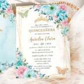 Quinceañera Turquoise Roze Bloemen Gouden Vlinders Kaart