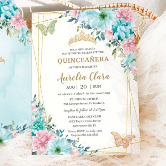 Quinceañera Turquoise Roze Bloemen Gouden Vlinders Kaart