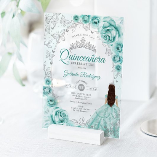 Quinceanera Turquoise Silver Floral Acryl Uitnodigingen