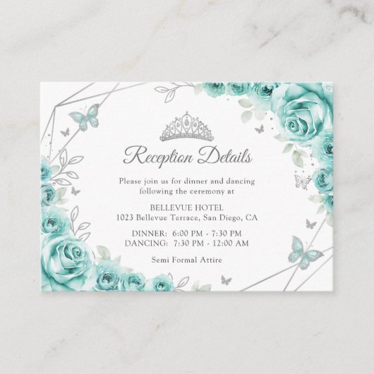 Quinceanera Turquoise Silver Floral Details Informatiekaartje (Voorkant)