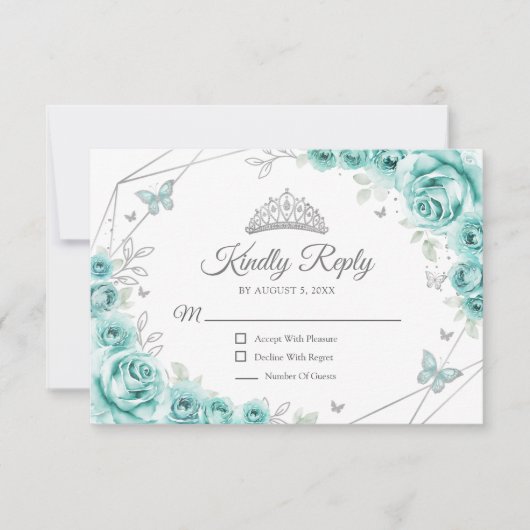 Quinceanera Turquoise Silver Floral Reply RSVP Kaartje (Voorkant)