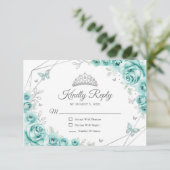 Quinceanera Turquoise Silver Floral Reply RSVP Kaartje (Staand voorkant)