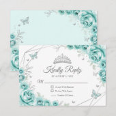 Quinceanera Turquoise Silver Floral Reply RSVP Kaartje (Voorkant / Achterkant)