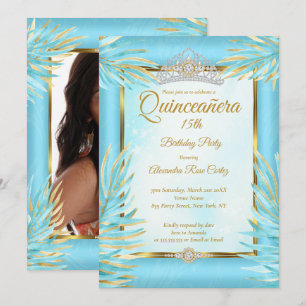 Quinceanera Turquoise Tiara Goud Foto Verjaardagsf Kaart