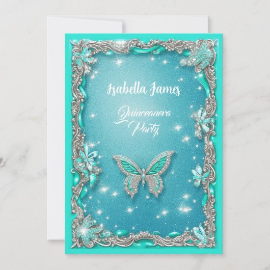 Quinceañera turquoise Vlinder glitter elegant Kaart (Voorkant)