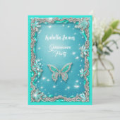 Quinceañera turquoise Vlinder glitter elegant Kaart (Staand voorkant)