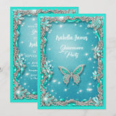 Quinceañera turquoise Vlinder glitter elegant Kaart (Voorkant / Achterkant)