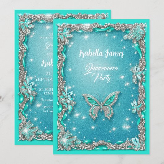 Quinceañera turquoise Vlinder glitter elegant Kaart (Voorkant / Achterkant)