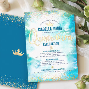 Quinceañera Turquoise Watercolor Kroon Echt Goud Folie Uitnodiging