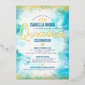 Quinceañera Turquoise Waterverf Crown Real Gold Folie Uitnodiging (Voorkant)