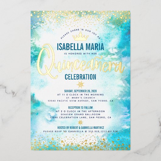 Quinceañera Turquoise Waterverf Crown Real Gold Folie Uitnodiging (Voorkant)