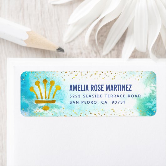 Quinceañera Turquoise Waterverf Gold Foil Adres Etiket (Insitu)