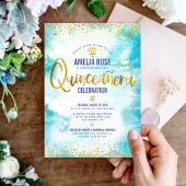 Quinceañera Turquoise Waterverf Gold Foil Chic Kaart