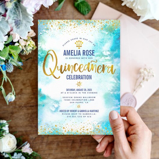 Quinceañera Turquoise Waterverf Gold Foil Chic Kaart
