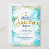 Quinceañera Turquoise Waterverf Gold Foil Chic Kaart (Voorkant)
