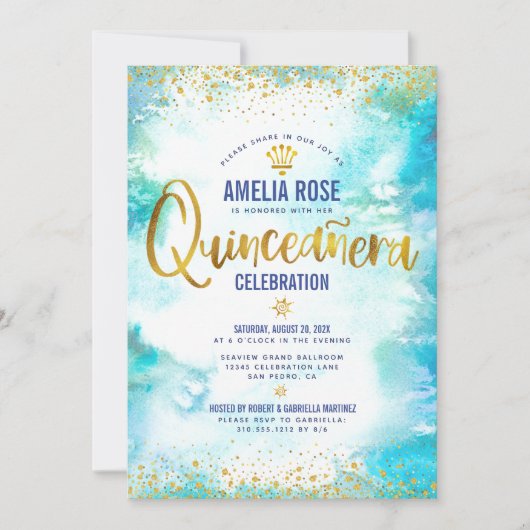 Quinceañera Turquoise Waterverf Gold Foil Chic Kaart (Voorkant)