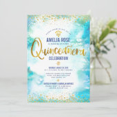 Quinceañera Turquoise Waterverf Gold Foil Chic Kaart (Staand voorkant)