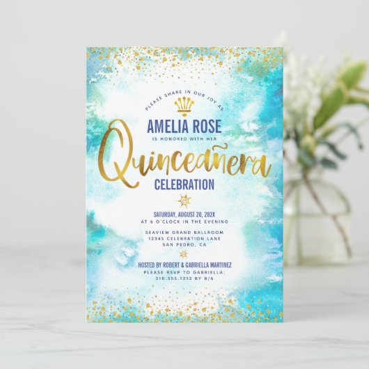 Quinceañera Turquoise Waterverf Gold Foil Chic Kaart (Staand voorkant)