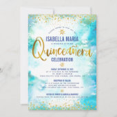 Quinceañera Turquoise Waterverf Gold Foil Elegant Kaart (Voorkant)