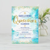 Quinceañera Turquoise Waterverf Gold Foil Elegant Kaart (Staand voorkant)