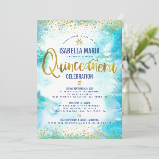 Quinceañera Turquoise Waterverf Gold Foil Elegant Kaart (Staand voorkant)