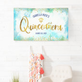 Quinceañera Turquoise Waterverf Gold Foil Welkom Spandoek (Insitu)
