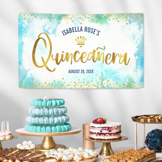 Quinceañera Turquoise Waterverf Gold Foil Welkom Spandoek