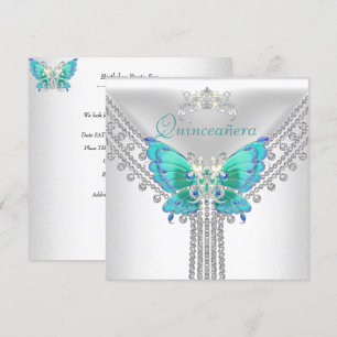 Quinceañera Turquoise Wit Vlinder Diamant 2 Kaart