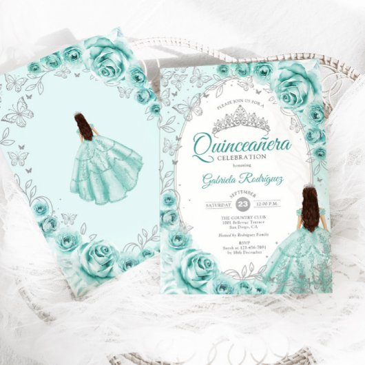 Quinceanera Turquoise Zilver Bloem Kaart