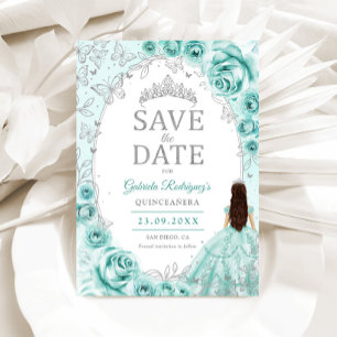 Quinceanera Turquoise Zilver Bloem Save The Date