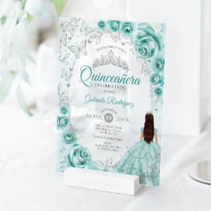 Quinceanera Turquoise Zilveren Bloem Acryl Uitnodigingen