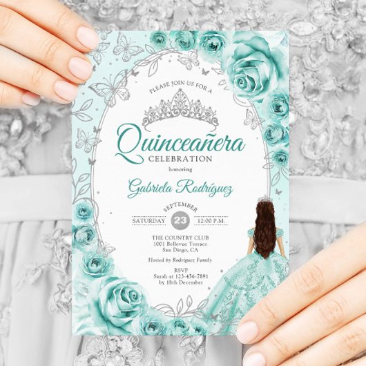 Quinceanera Turquoise Zilveren Bloem Kaart